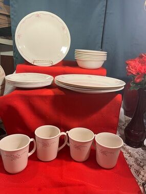 Classic Floral White Dinnerware Set - White with Pink Accent